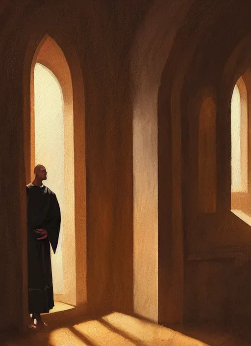 Image similar to symmetry!! oil painting of a tonsured dominican monk in a brown habit, looking out of a monastery window contemplatively, a majestic cathedral in the background, hazy, digital art, artstation, cinematic, golden hour, digital art painting by greg rutkowski, cozy atmosphere, cinematic lighting