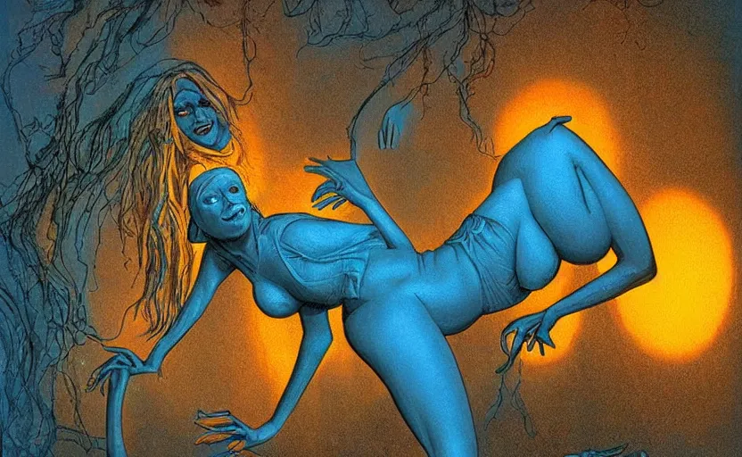 Prompt: contorted female figure glowing blue, floating in the garden of a residential house at night, 4 k, deviantart, by ralph bakshi, by richard corben, futuristic, uncanny, creepy, disturbing
