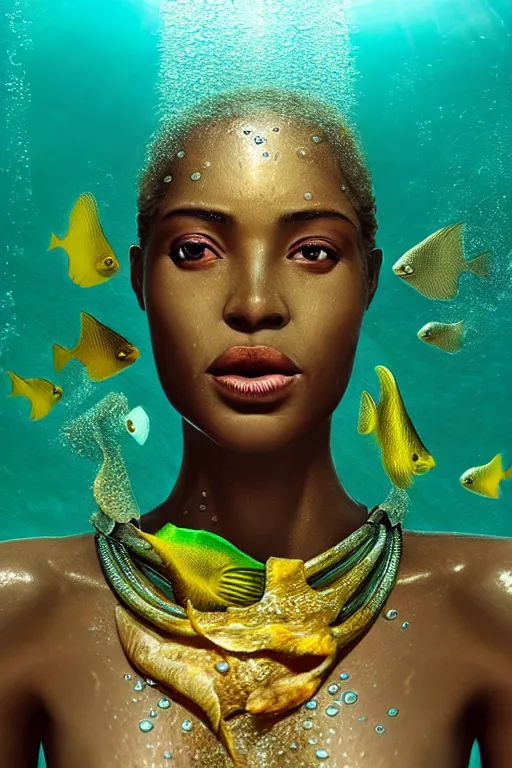 Image similar to hyperrealistic precisionist cinematic half underwater scene with fish and algae, very expressive! translucent elegant african goddess getting out of water, gold jewerly, highly detailed face, digital art masterpiece, aykut aydogdu zener, dramatic volumetric light, long shot, low angle uhd 8 k, sharp focus