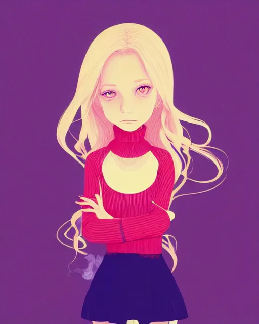 Image similar to digital illustration of pretty girl sa rina with shoulder length blonde hair wearing a sweater, from alice in wonderland, smoking, at night, by ilya kuvshinov, lois van baarle, rossdraws, basquiat