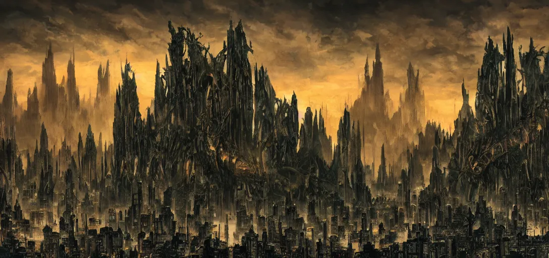 Image similar to Giant Monsters attacking a Mega City, gothic art, color, eerie, horror, scary, ominous, 8k, highly detailed