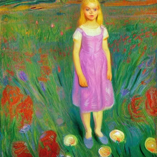 Image similar to by victor nizovtsev, by edvard munch ornamented. a computer art of a young girl with blonde hair, blue eyes, & a pink dress. she is standing in a meadow with flowers & trees.