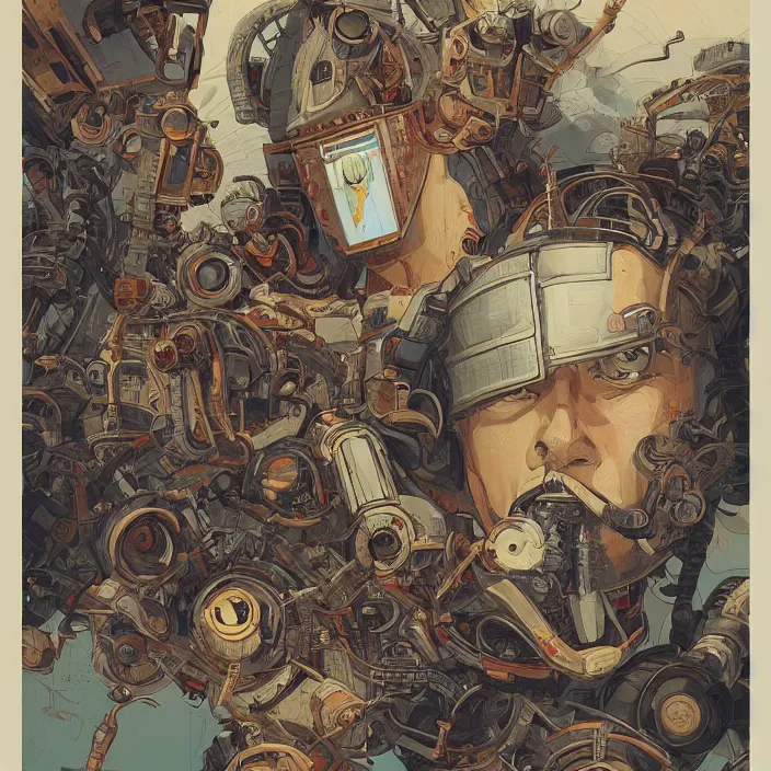 Image similar to robot artist painting a self - portrait on a canvas. intricate, highly detailed, digital matte painting, in the style of alexandros pyromallis, and in the style of sachin teng, and in the style of hans thoma, and in the style of masamune shirow. irony, recursion, inspiration.