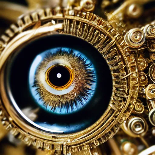 Image similar to a macro photo of a gold and silver mechanical eye, close - up, large intricate iris with gears and inside, intricate gears and lenses and filaments, intricately detailed engravings, intricately detailed markings, intricate textures, warm lighting, vivid colors, realistic octane render, hyper realistic render, volumetric shading, depth of field, raytracing, 8 k,
