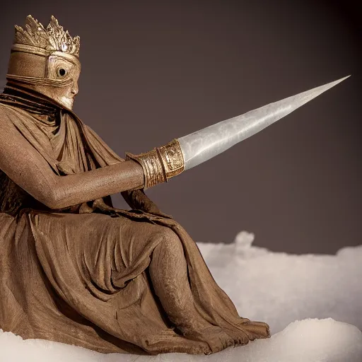 Image similar to a mummy holding a scepte, sit on an ice throne ultrarealistic