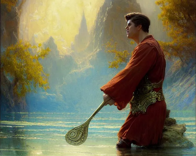 Image similar to attractive male wizard casting powerful wave water spell in a beautiful lake. highly detailed painting by gaston bussiere, craig mullins, j. c. leyendecker 8 k