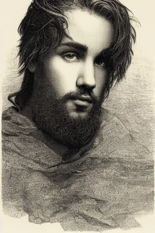 Image similar to portrait of Justin Bieber, Gustave Dore lithography