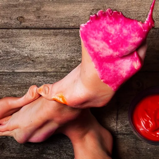 Prompt: man eat his own leg with pink ketchup