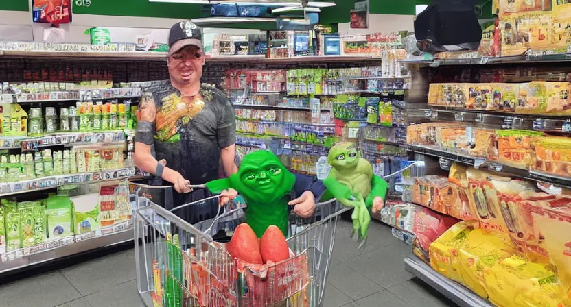 Prompt: a mix between Hulk and Yoda and Dobby and gollum buying groceries in a seven eleven, center frame medium shot, shot on technicolor cinemascope 35mm anamorphic lense, flare