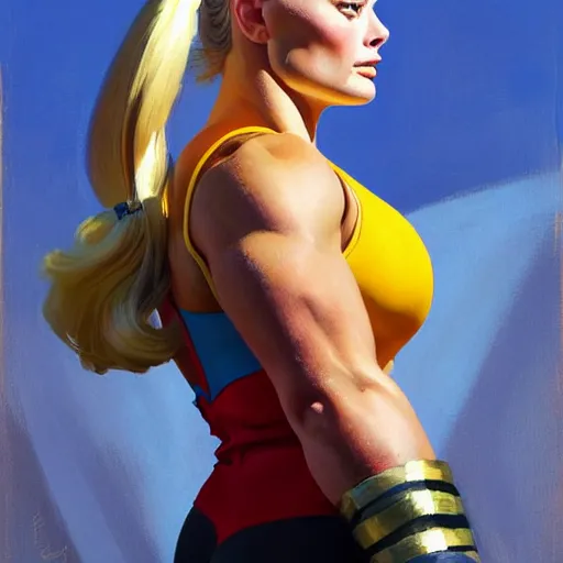 Prompt: greg manchess portrait of margot robbie as thick very muscular weightlifter with twintails and blondehair, eyes closed, medium shot, asymmetrical, profile picture, organic painting, sunny day, matte painting, bold shapes, hard edges, street art, trending on artstation, by huang guangjian and gil elvgren and sachin teng