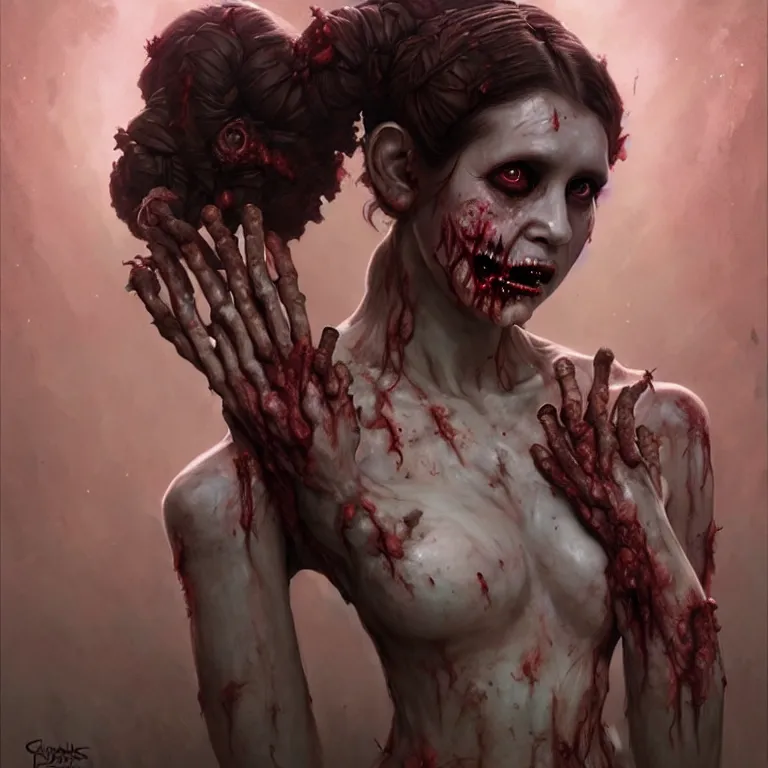 Image similar to scary horrific zombie princess leia dark fantasy, body horror, sores and scars, undead. highly detailed, biopunk, digital painting, by greg rutkowski, artgerm and alphonse mucha