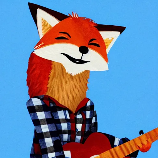 Image similar to a female fluffy anthropomorphic fox animal, head of fox, wearing cowboy hat, wearing plaid shirt, playing guitar, in a field, barn in background, album cover style