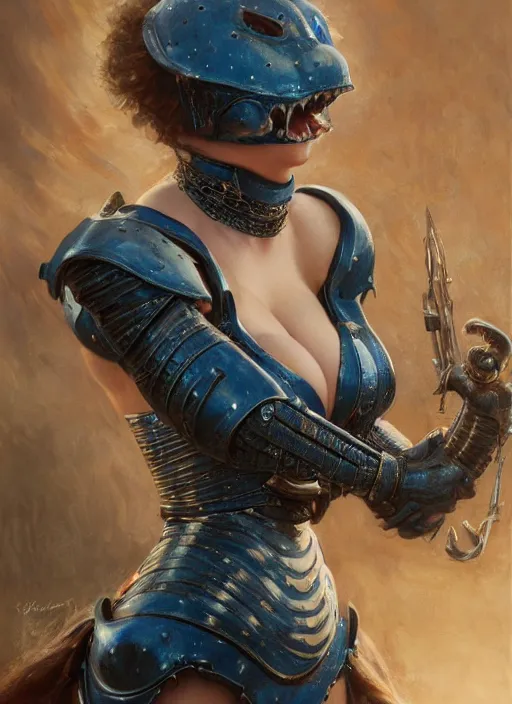 Image similar to beautiful blue - eyed bbw plumper big girl erika xstacy wearing tiny black medieval armour, detailed by gaston bussiere, bayard wu, greg rutkowski, giger, maxim verehin, greg rutkowski, masterpiece, sharp focus, cinematic lightning