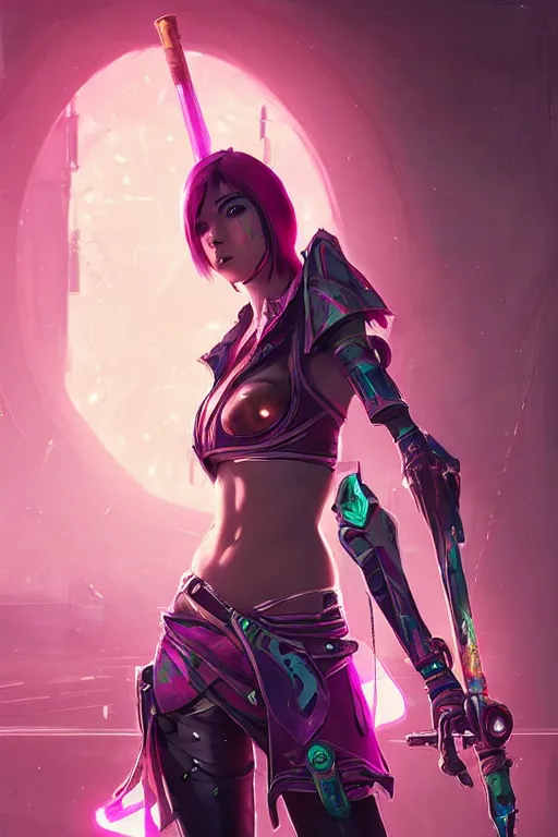 Image similar to fiora from league of legends, cyberpunk futuristic neon. she is holding a sword, decorated with traditional japanese ornaments by ismail inceoglu dragan bibin hans thoma greg rutkowski alexandros pyromallis nekro rene maritte illustrated, perfect face, fine details, realistic shaded, fine - face, pretty face, masterpiece