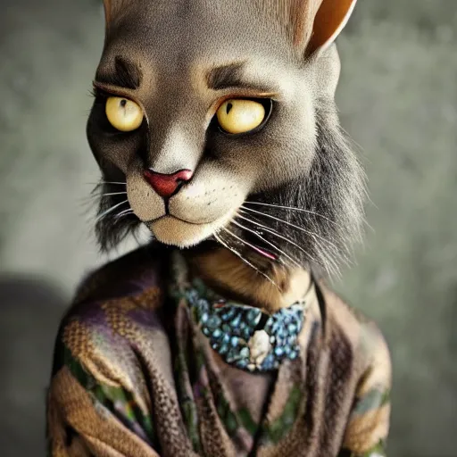 Prompt: photograph of an extremely beautiful Khajiit, high quality fashion photograph by Jeff Bark