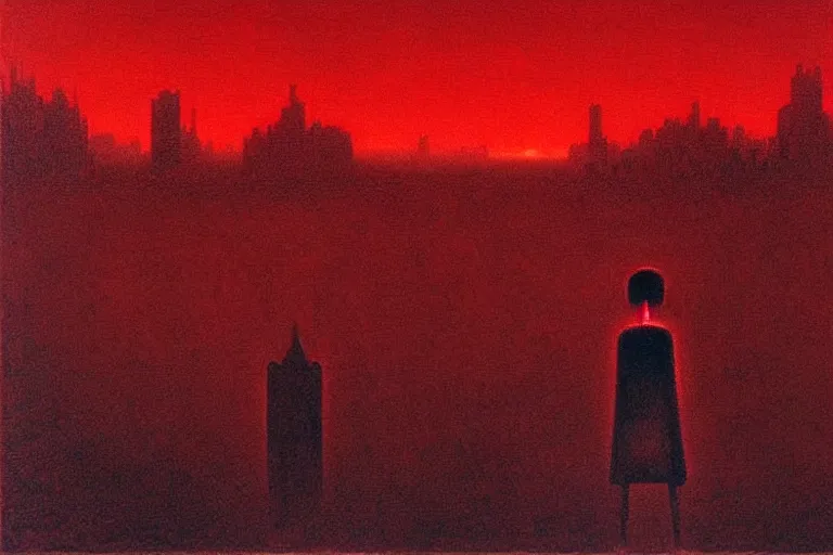 Image similar to only with red, red gif of death eat apple, a futuristic city in the background, an ancient path, in the style of beksinski, part by hopper, part by rodcenko, part by hofbauer, intricate composition, red by caravaggio, insanely quality, highly detailed, masterpiece, red light, artstation, 8 k