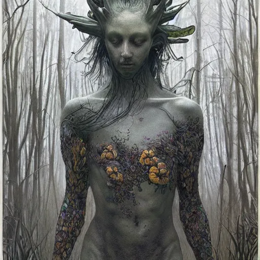 Image similar to forest spirit by zdzisław beksinski, iris van herpen, raymond swanland, craig mullins and alphonse mucha. highly detailed, hyper - real, beautiful