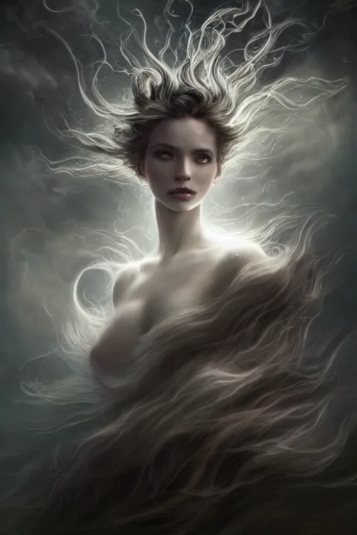 Image similar to a celestial goddess casts a transcendental magical spell, windy floating hair!!, atmospheric moody, dark academia, seductive beauty! cinematic volumetric lights, bust portrait, dnd, fantasy, intricate, elegant, highly detailed, digital painting, artstation, concept art, smooth, sharp focus, illustration, art by artgerm and tom bagshaw and greg rutkowski and alphonse mucha