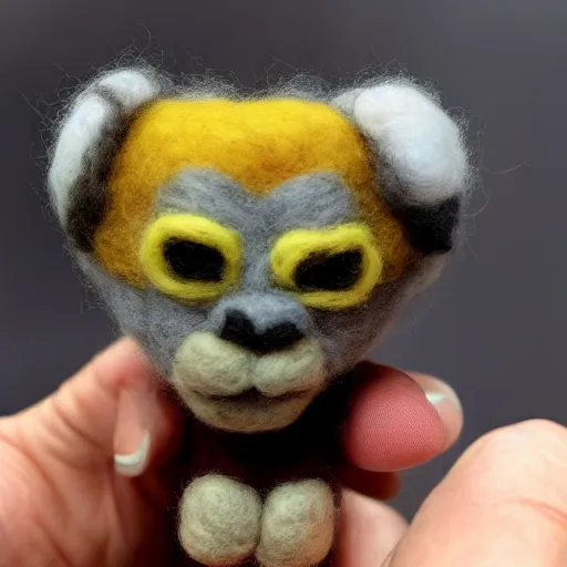 Image similar to a needle felted arnold schwarzenegger, needle felting art.