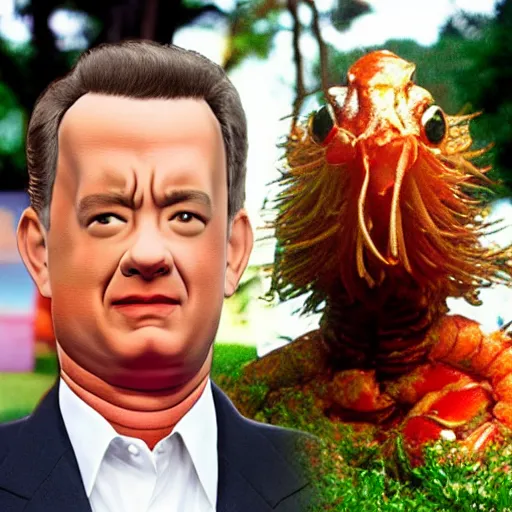 Prompt: Tom Hanks as forrest gump has giant shrimp heads instead of hands, hyper realistic, 8k resolution, amazing detail