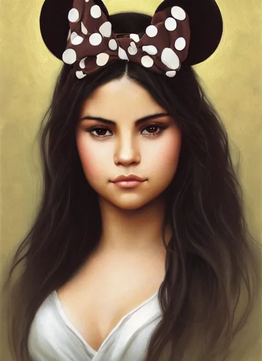 Prompt: beautiful thirty year old woman with long black hair, tan skin, curvy hourglass figure, round cute face, slight resemblance to selena gomez and vanessa hudgens wearing a mickey mouse ears headband. beautiful painting by artgerm and greg rutkowski lois van baarle and bouguereau