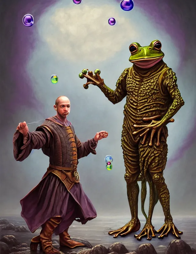 Image similar to anthropomorphic bipedal frog that is dressed as a renaissance fighter, as a matte oil painting and d & d character art, by alex grey, standing, fullbody, floating bubbles, mystic, fog, fractals, spirals, concept art, award - winning, extremely detailed, sharp focus