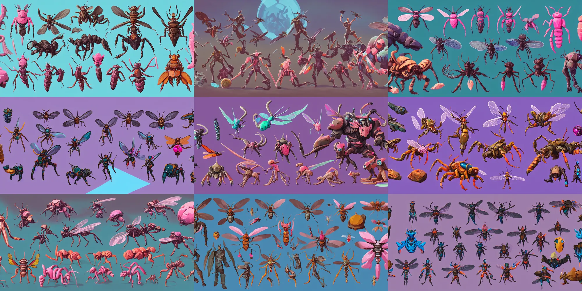 Prompt: game asset of insects and creatures, in gouache detailed paintings, props, stylized, 2 d sprites, kitbash, arcane, overwatch, blue and pink color scheme, 8 k, close up
