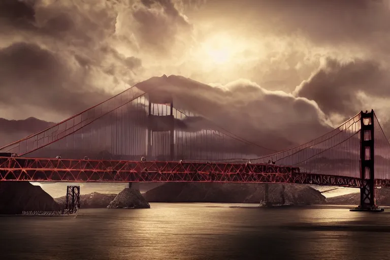 Prompt: Professional Wrestling Ring set in the middle of the Golden Gate Bridge to heaven and beyond. Gigantic statues of mighty warrior god in the backdrop towering over the wrestling ring. Long Chinese Dragons flying through the clouds of heaven near the statues. Beautiful Image. Realistic Fantasy Render. 4K HD. Unreal Engine.