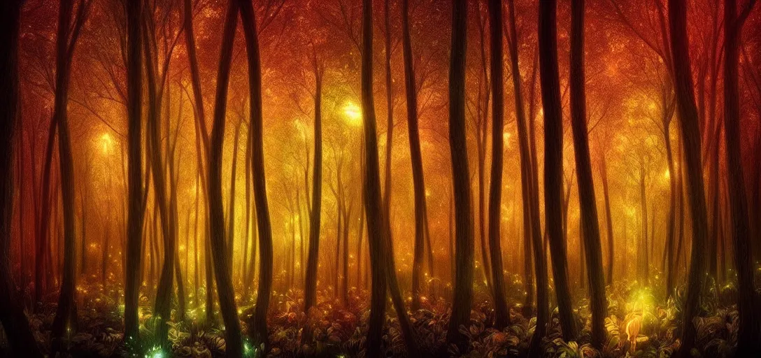 Prompt: beautiful glowing forest at night, futuristic, magical feeling, detailed, digital art
