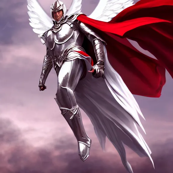 Image similar to cinematic full body shot of a male angel flying, white metallic armor, red cape, elegant pose, detailed arms, detailed white armor, two arms, two legs, detailed fanart, rpg art, d&d art, macro art, digital art, DeviantArt, artstation, 8k HD