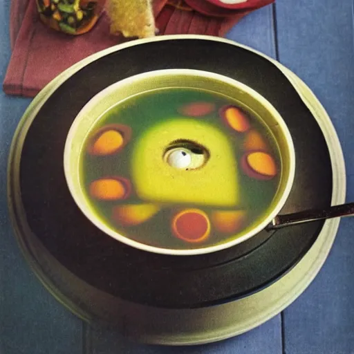Prompt: color picture of eyeball soup from 1 9 7 0 s cookbook