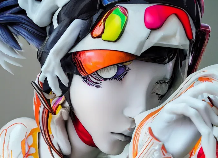 Prompt: extremely beautiful photo of a white marble statue of an anime girl with colorful motocross logos and motorcycle helmet with closed visor, colorful smoke in the background, carved marble statue, fine art, neon genesis evangelion, virgil abloh, offwhite, denoise, highly detailed, 8 k, hyperreal