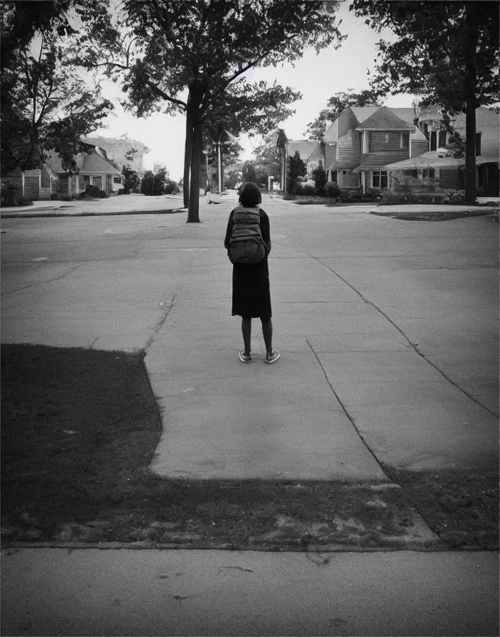 Image similar to “ quiet american neighborhood, a woman waiting holding a backpack, in the style of gregory crewdson ”