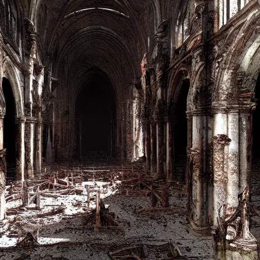 Image similar to a ruined cathedral with skeletal remains on the floor, sunlight shining through holes on the ruin walls, dark red orbs float inside the ruined cathedral, realistic lighting