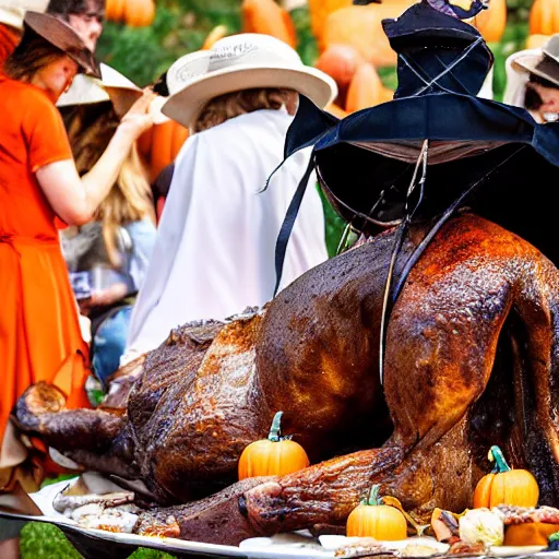 Prompt: wide shot of a whole roast camel served on a giant plate in front of a group of people in Halloween costumes at a picnic. The picnic is a Halloween party.