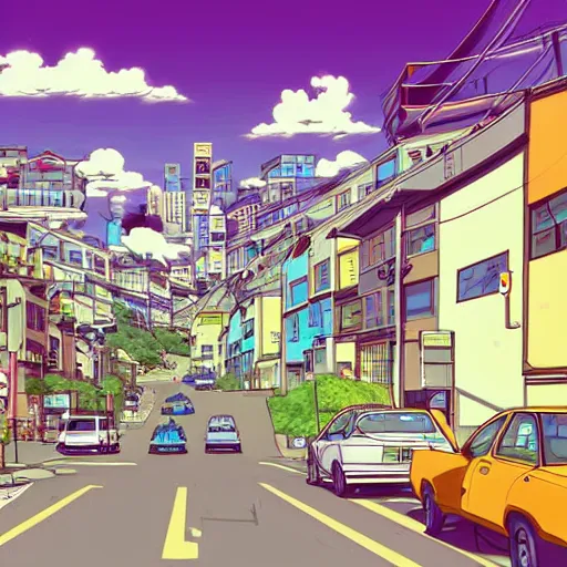 Prompt: city street, sloped street, city on tall hillside, street scene, colorful buildings, cel - shading, 2 0 0 1 anime, flcl, jet set radio future, golden hour, japanese town, concentrated buildings, japanese neighborhood, electrical wires, cel - shaded, strong shadows, vivid hues, y 2 k aesthetic