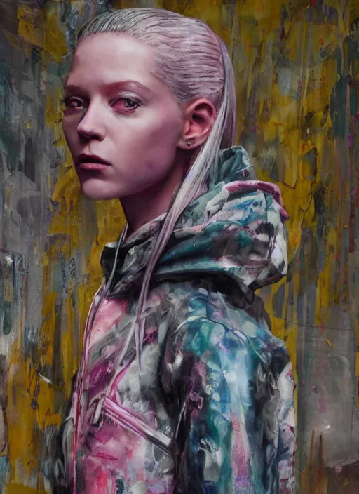 Image similar to still from music video of hunter schafer from die antwoord standing in a township street, wearing a hoodie, street clothes, full figure portrait painting by martine johanna, earl norem, wadim kashin, pastel color palette, 2 4 mm lens