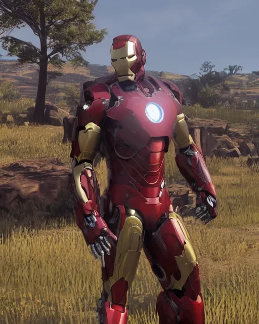 Image similar to iron man styled mech suit in red dead redemption 2, cinematic, photorealistic