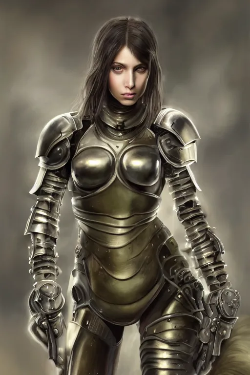 Prompt: a photorealistic painted portrait of an attractive young girl, partially clothed in metal-plated battle armor, olive skin, long dark hair, flawless skin, beautiful bone structure, symmetric facial features, perfect photorealistic eyes, natural physique, intricate, elegant, digital painting, concept art, finely detailed, beautifully illustrated, sharp focus, minimal artifacts, from Metal Gear, by Ruan Jia and Mandy Jurgens and Artgerm and William-Adolphe Bouguerea, trending on Artstation, award winning art