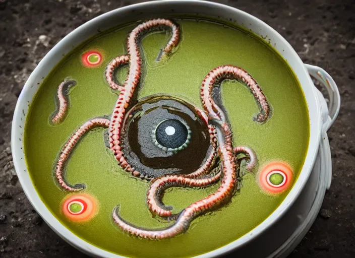 Prompt: dslr photograph of a bowl eldritch horror soup filled with tentacles and eyeballs on a damp sewer floor, 8 5 mm f 1. 8