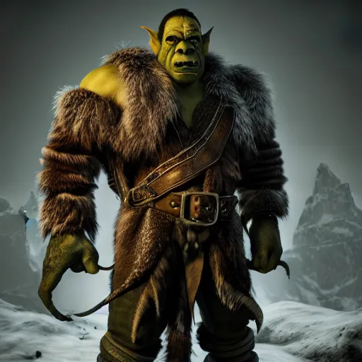 Image similar to A full body shot of a handsome orc looking into the camera wearing a leather fur jacket and boots, full body shot, artstation, realistic, highly detailed, symmetrical, hyper realism, high detail, octane render, unreal engine, 8k, fantasy art, highly detailed, concept art