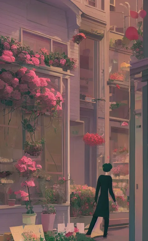 Image similar to cute cozy florist store, surreal cinematic illustration, by atey ghailan and escher and edward hopper