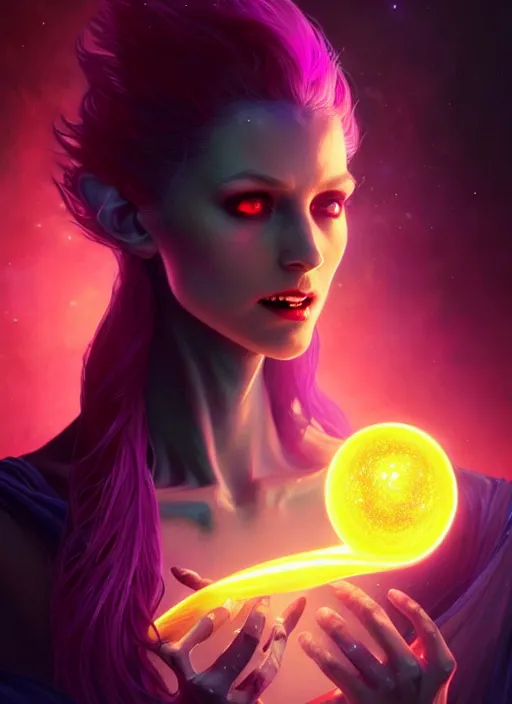 Image similar to a vampire faceless glowing liquefied stardust adventurer, dnd fantasy character, full body portrait, glowing neon skin, magical aura, ultra realistic, intricate, elegant, highly detailed, digital painting, artstation, smooth, sharp, focus, illustration, art by artgerm and greg rutkowski and alphonse mucha and dan mumford, sacred geometry