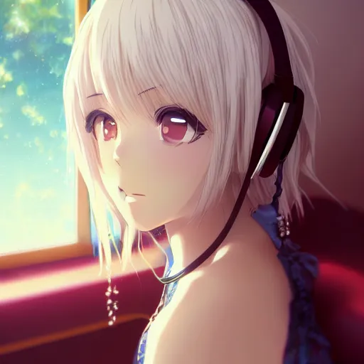 Prompt: anime portrait of beautiful girl sits on the sofa and listens to music, the sun shines through the window, white hair, watery red eyes, clear face, beautiful body, dream light, focus on the face, highly detailed, 8 k, artstation, master pieces, in style of kyoto animation