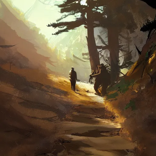 Prompt: Hiking in the pines. by Craig mullins, Steve Purcell, Ralph McQuarrie. Trending on artstation. Centered image, no background