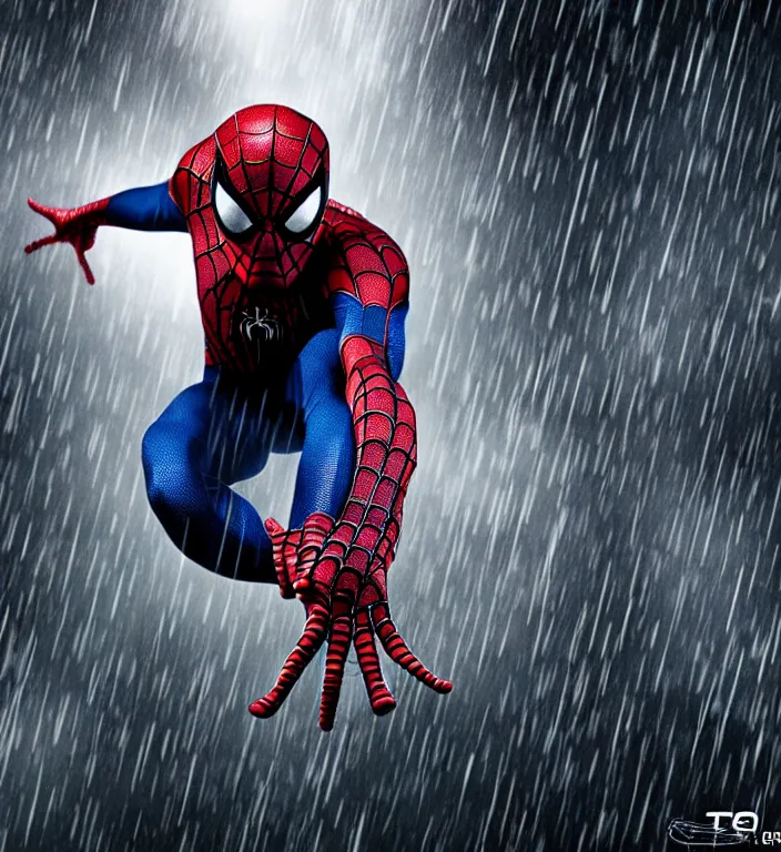 Prompt: cinematic of tobey maguire as spiderman, dramatic rain, 8 k