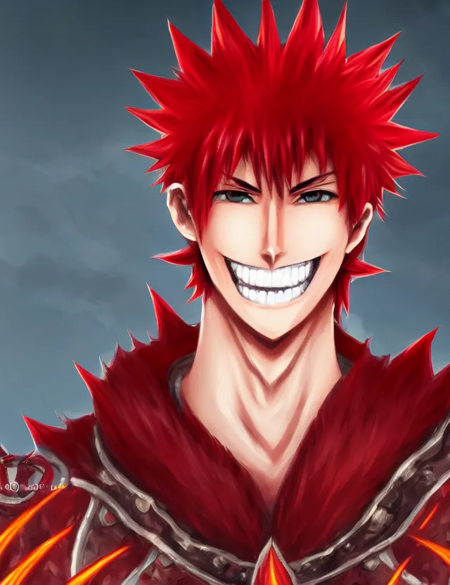 Image similar to a detailed manga portrait of an attractive tall boy with spiked crimson hair and a menacing smile in fiery crimson crystalline armour, trending on artstation, digital art, 4 k resolution, detailed, high quality, sharp focus, hq artwork, coherent, insane detail, character portrait