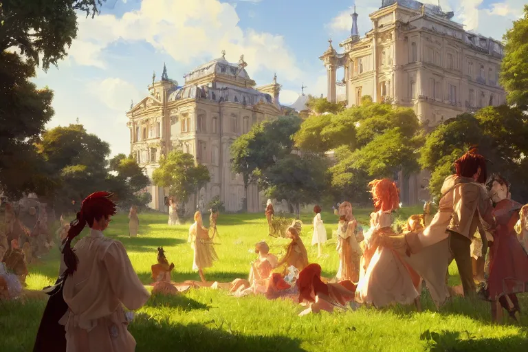 Image similar to an ornate baroque palace, party in front, scene in an open field. key visual, conceptart, ambient lighting, highly detailed, digital painting, artstation, concept art, sharp focus, by makoto shinkai and akihiko yoshida and greg manchess