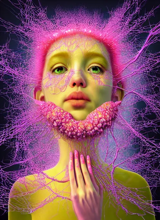 Image similar to hyper detailed 3d render like a Oil painting - Aurora (Singer) looking adorable and seen joyfully Eating of the Strangling network of yellowcake aerochrome cracks and milky Fruit and Her delicate Hands hold of gossamer polyp blossoms bring iridescent fungal flowers whose spores black the foolish stars to her adorable smirking mouth by Jacek Yerka, Mariusz Lewandowski, Houdini algorithmic generative render, Abstract brush strokes, Masterpiece, Edward Hopper and James Gilleard, Zdzislaw Beksinski, Mark Ryden, Wolfgang Lettl, hints of Yayoi Kasuma, octane render, 8k