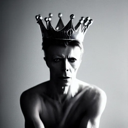 Prompt: ultra realistic portrait photography of david bowie wearing kings crown, in style of lomography, 3 5 mm no dof